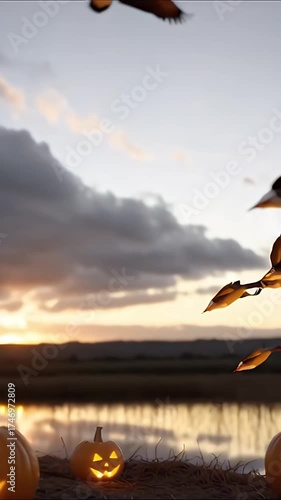 Jack o lantern pumpkin carved lantern glow warm light autumn fall halloween glowing carved pumpkin jack o lanterns lakeshore sunset with flying geese dramatic cloud sky eerie autumn atmosphere