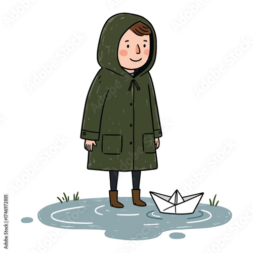 Hand Made Illustration of a young person in a raincoat with a paper boat in a puddle simple vector design for childrens books and educational materials isolated on white