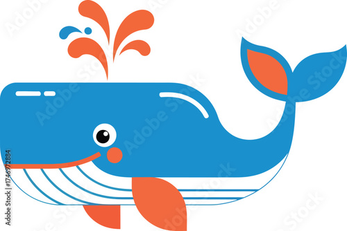 Cute Blue Whale Spouting Water, Vector Illustration