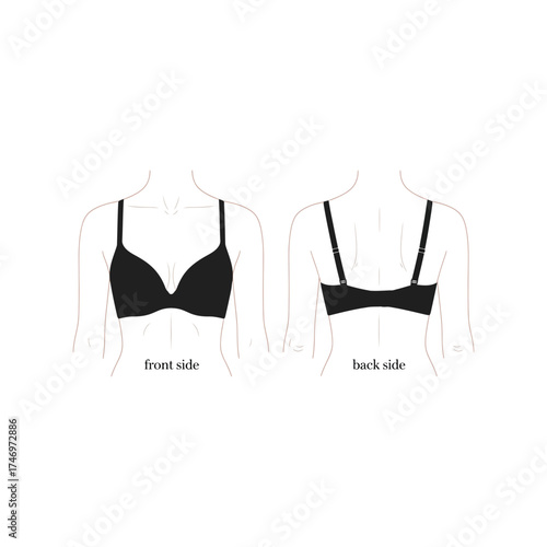 Front and back view of a smooth black push up bra on mannequins vector