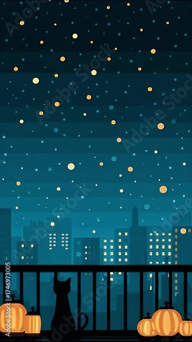 Cat silhouette on balcony at night with pumpkin lanterns by window overlooking city skyline under starry sky observing cozy fall evening city lights