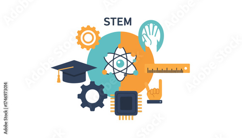 Illustration representing STEM education with a graduation cap, gears, atom, hand, ruler, microchip, and the acronym STEM.