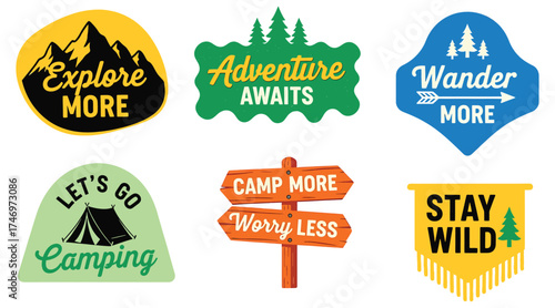 Vector art of set of adventure camp badges collection of outdoor activity emblems with mountains, trees, tent, and motivational quotes for travel and nature lovers