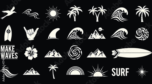 Vector art of a captivating collection of summer surfing vector icons, perfect for adding a touch of beachy vibes to your designs, featuring waves, palm trees, surfboards, and other tropical elements