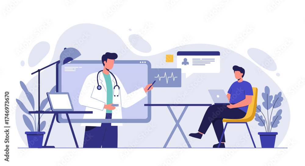 Obraz premium Professional doctor providing online consultation to patient, offering expert medical advice and care from a distance, telehealth reaching people at home