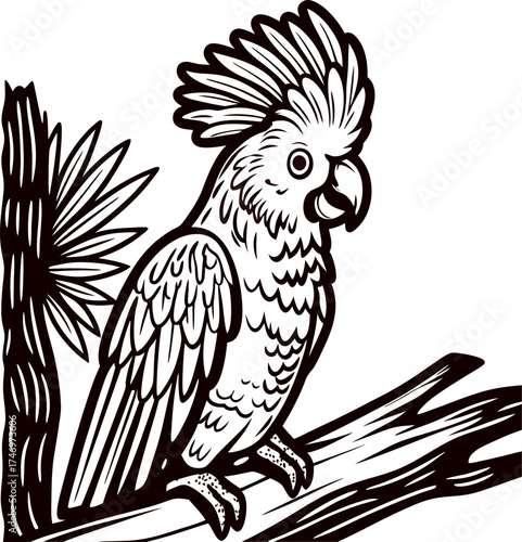 Intricate hand drawn cockatoo perched on tree branch with detailed plumage and expressive crest illustration