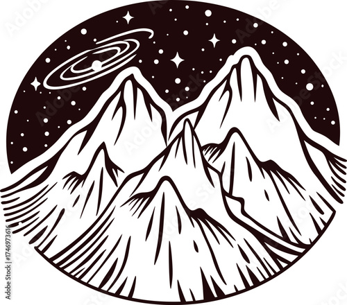 Stylized mountain landscape with snowy peaks and starry night sky featuring distant planets and cosmic elements