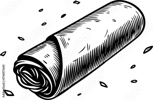 Vintage engraved sketch of a tortilla wrap burrito roll isolated on white with scattered garnish illustration