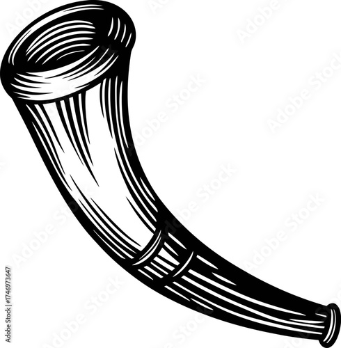 hand drawn engraved illustration of vintage horn isolated on white background in retro sketch
