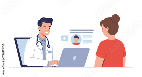 Virtual doctor visit with friendly physician, telehealth appointment for patient convenience, modern healthcare solution, accessible online medical consultation