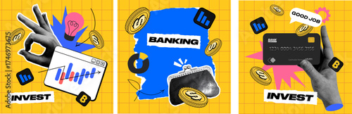 Contemporary banner with wallet, halftone hand, graph, coins, and credit card. Art Collage of business and Finance growth, teamwork, and online banking. Vector elements arrows and apps for bright back