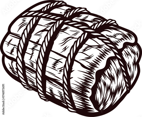 Hand drawn vintage wooden barrel wrapped with rope in engraved sketch illustration
