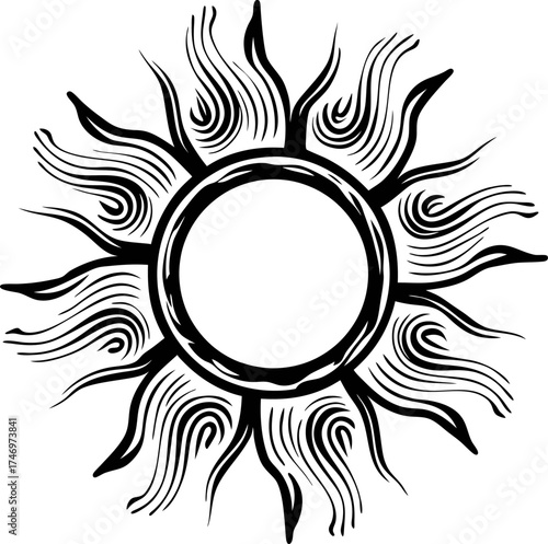 Hand drawn swirling sun icon with bold abstract rays in black isolated on white background  illustration