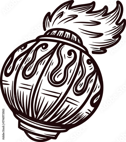 Vintage hand drawn flaming grenade illustration with ornate lines in engraved isolated on white background