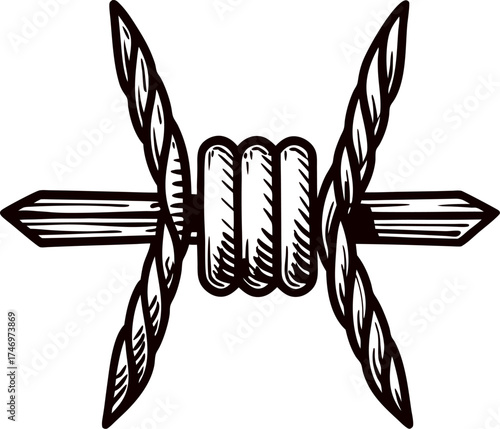 Hand drawn barbed wire detail twisted metal engraving isolated on white background illustration
