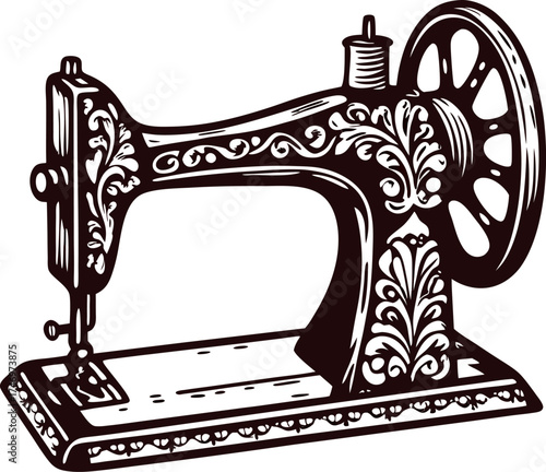 Ornate vintage sewing machine with intricate floral decoration in retro engraving illustration