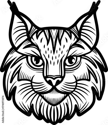 Hand drawn lynx face illustration with bold lines and detailed fur texture