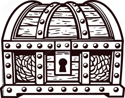 Hand drawn wooden treasure chest illustration with rope detailing and iron lock in vintage engraved