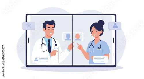 Professional telehealth consultation with friendly doctor and nurse team on tablet, providing convenient online healthcare services, accessible telemedicine solutions