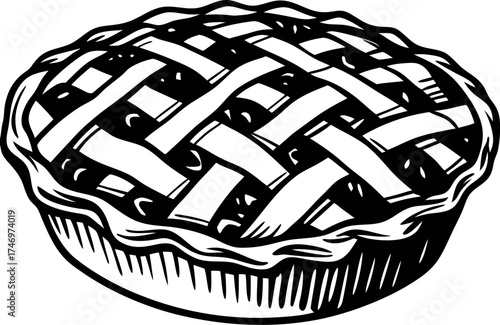 Hand drawn lattice crust pie illustration vintage dessert sketch of baked pastry with woven top on white background