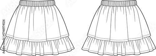 Skirt Layered Ruffled Elastic Waistband Apparel Clothing Fashion Outfit Garment Textile Illustration Drawing Design Casual Women Stylish Flowy Volume Gathered Stitched Flared Contemporary