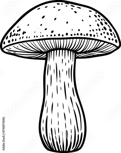 Hand drawn ink illustration of edible forest mushroom with detailed cap and stem isolated on white background