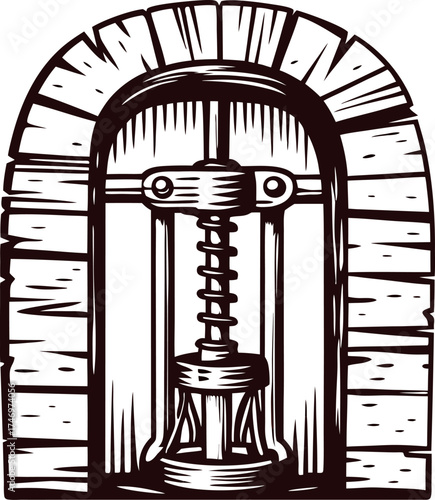 Vintage engraved illustration of a traditional wooden wine press inside a stone arched cellar doorway