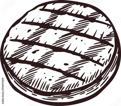 hand drawn grilled burger patty isolated on white background vintage engraved illustration in sketch