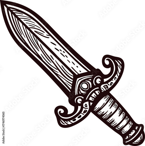 Hand drawn ancient dagger isolated on white vintage engraved short sword sketch illustration with ornate handle