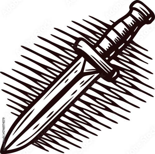 Hand drawn vintage dagger illustration with textured lines and ornate handle, isolated on white background