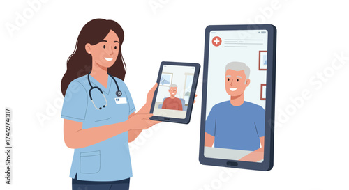 Caring doctor consults senior patient via telehealth appointment on tablet, providing modern healthcare and friendly support from a compassionate medical team