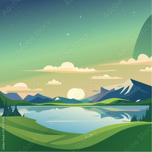 Mountain lake landscape at dusk with starry sky