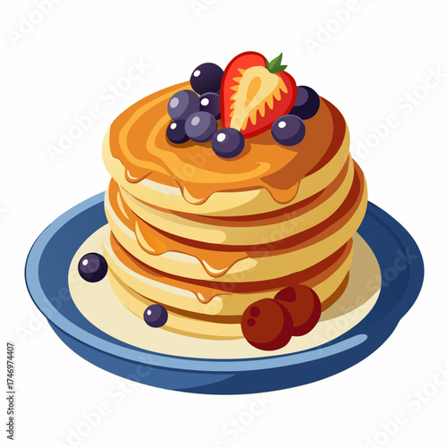 Delicious cartoon pancakes on a plate. Fresh and fluffy pancakes drizzled with berries , blueberries, strawberries. American trendy breakfast. Vector illustration isolated on a white background