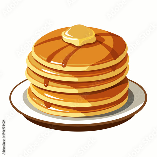 Delicious cartoon pancakes on a plate. Fresh and fluffy pancakes drizzled with honey and a piece of butter. American breakfast. Vector illustration isolated on a white background