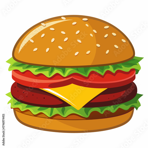 Вouble cheeseburger, hamburger with meat, cheese and vegetables. Isolated vector illustration on a white background