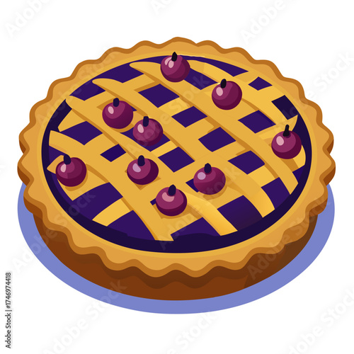 Delicious plum pie with lattice crust surrounded by fresh  berries. Vector illustration isolated on a white background
