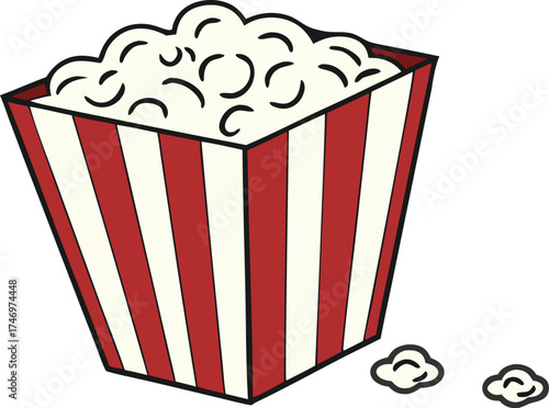 Enjoy a delicious snack with this tempting popcorn bucket illustration, perfect for movie night promotions and nostalgic designs for food lovers