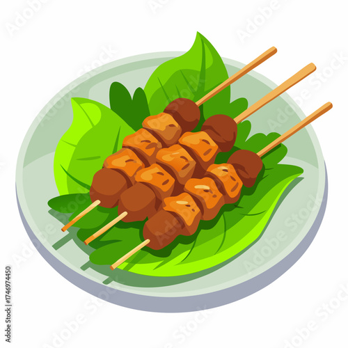 Delicious grilled  meat Shashlik kebab on a wooden skewer with fresh green. Vector illustration isolated on a white background
