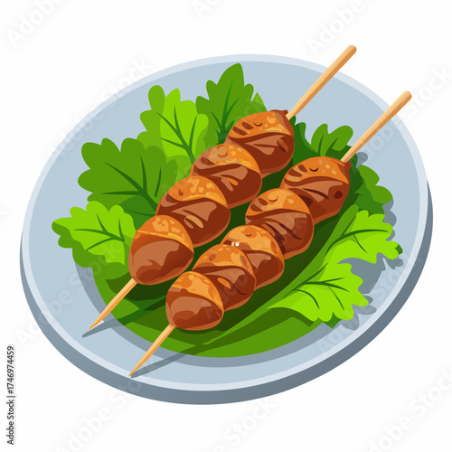 Delicious grilled  meat Shashlik kebab on a wooden skewer with fresh green. Vector illustration isolated on a white background