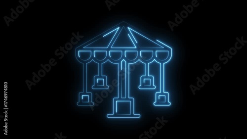 Glowing neon carousel ride animation on black background minimalist festive attraction