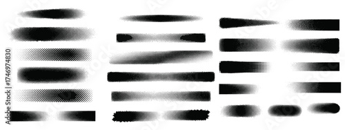 Halftone title frame. Black halftone dotted banners with fading gradient dot textures, rectangular and rounded bars. Retro pop art comic design elements for posters, prints, web layouts. Vector set