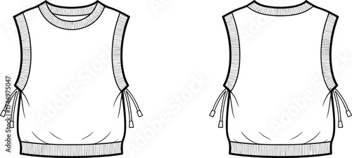 Sleeveless drawstring top fashion illustration with round neckline, ribbed hem and armholes, front and back views for apparel design catalog