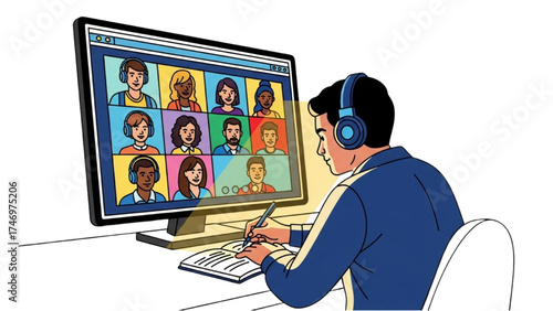 Colorful Black Line Drawing of Virtual Meeting with Employees on Video Calls in Modern Hybrid Office, Person Taking Notes, Continuous Minimalist Style