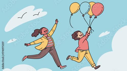 Cartoon friends jumping with colorful balloons in bright sky showing happiness and joyful energy vector