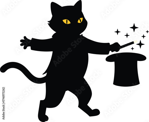 Magical cat silhouette with glowing yellow eyes holding wand and top hat, whimsical fantasy illustration, symbolic animal wizard design artwork