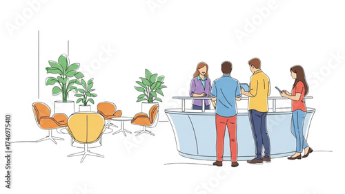 Colorful Minimalist Line Art of Receptionist Assisting Visitors in Modern Office Lobby with Plants and Chairs, Continuous Elegant Stroke