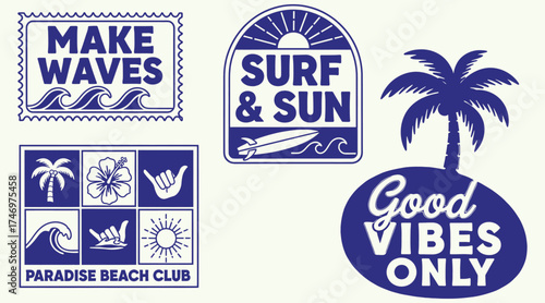 Vector art of a collection of beachthemed graphic designs featuring waves, palm trees, surfboards, and the phrases make waves, surf sun, and good vibes only