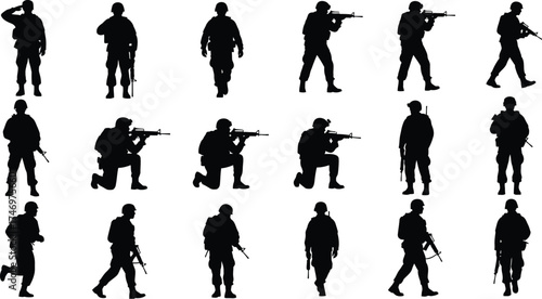 A collection of black military soldier silhouettes in various combat and patrol poses with rifles.