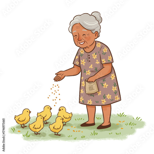 Hand Made Happy elderly woman feeding chicks cartoon illustration of a grandmother with baby chickens vector design for family and lifestyle content