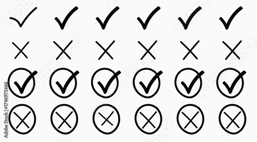 Collection of hand drawn check marks and xs in rows with some checkmarks inside circles